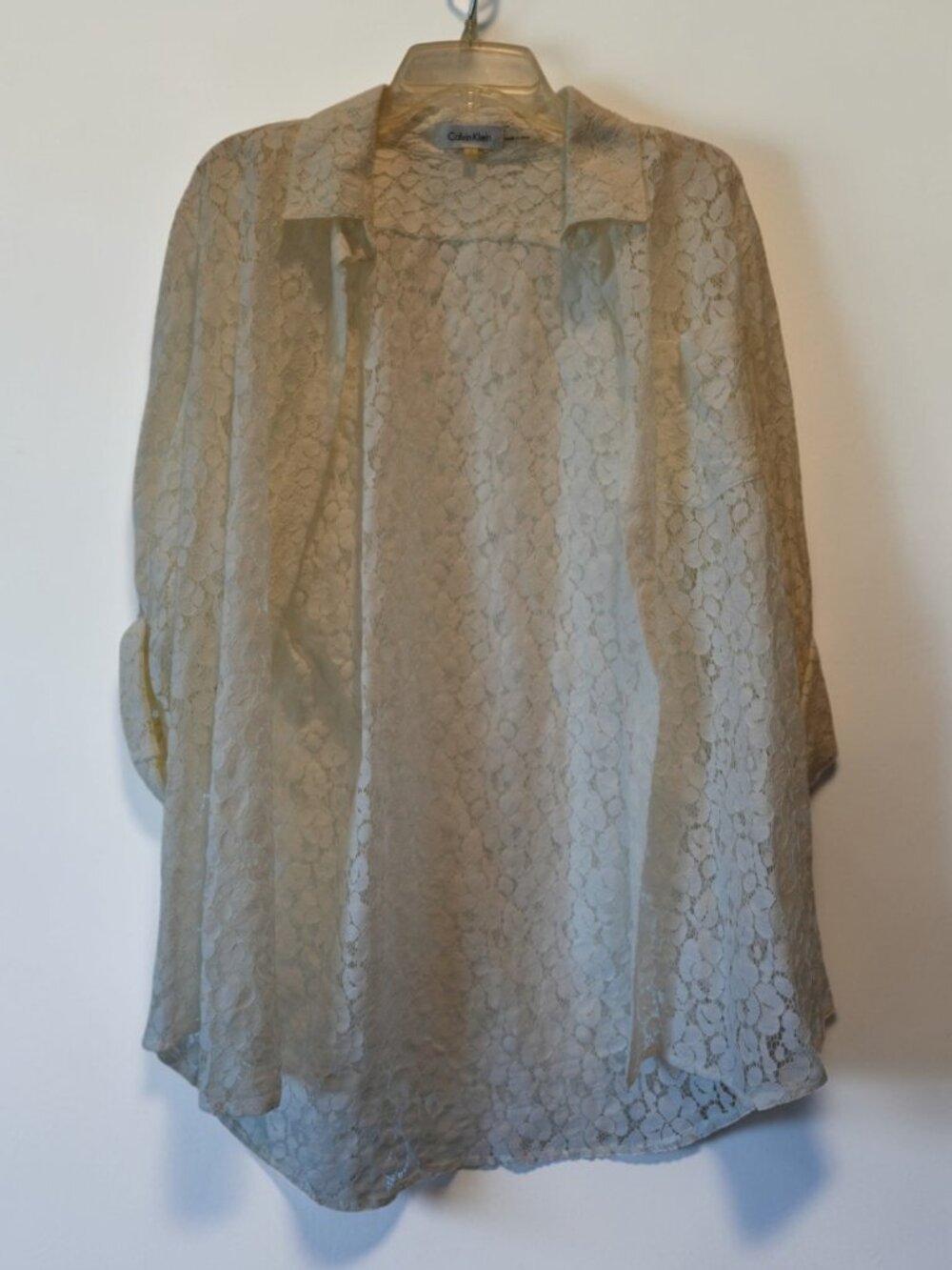 Calvin Klein Lace Blouse – Women’s Cream Sheer Button Front Top